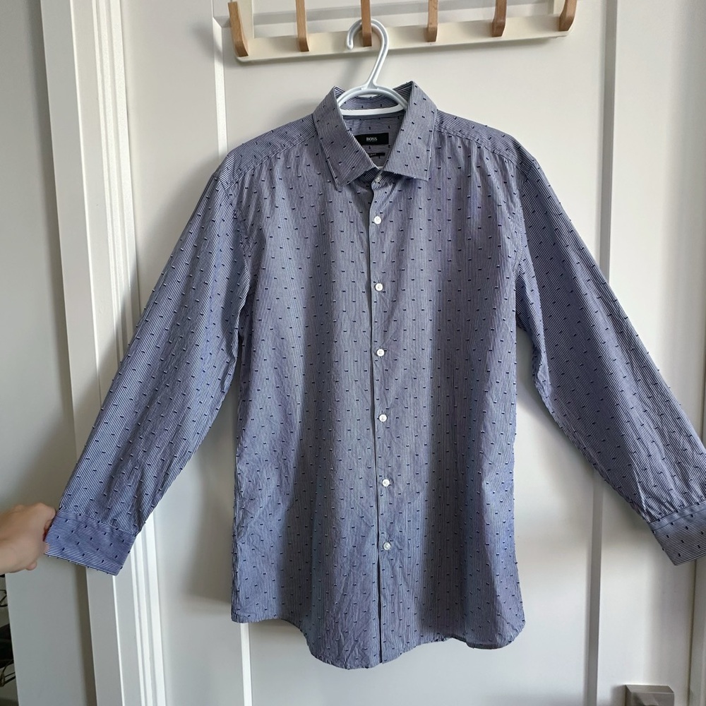 Boss Slim Fit Men's Blue Patterned Striped Shirt